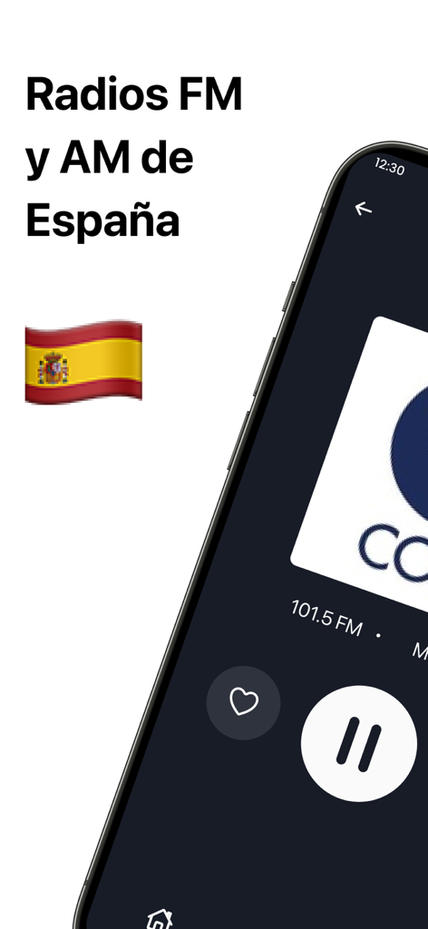 Smartphone-Bildschirm, der die Benutzeroberfläche der Radios de España App zeigt, die einen spanischen Radiosender abspielt