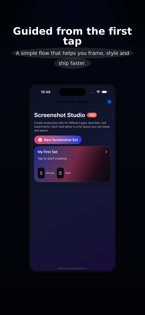Screenshot Studio - Screenshot Studio mobile app home screen showing a new screenshot set button and guided setup flow for iPhone and iPad assets.