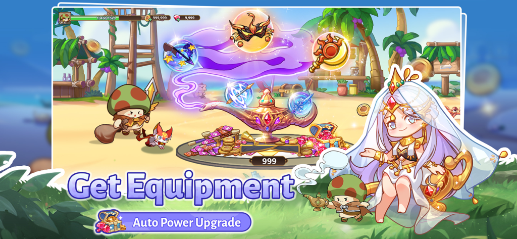 Legend of Mushroom - Un adorable guerrero seta obteniendo equipo de una lámpara mágica en una playa