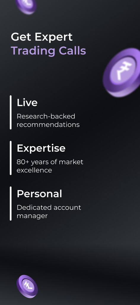 Pantalla de la aplicación StoxBox mostrando llamadas de trading de expertos con recomendaciones respaldadas por investigación y gerentes de cuentas personales