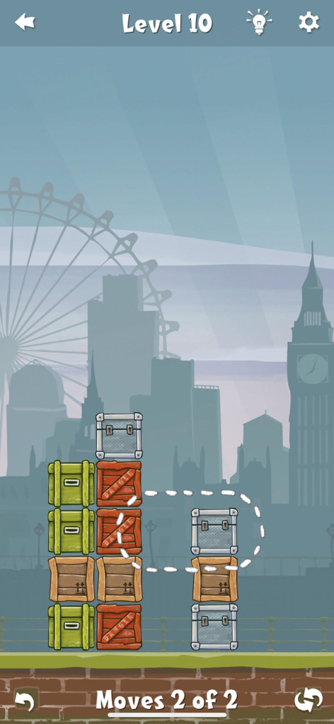 Move the Box - Gameplay of Move the Box level 10 showing stacks of crates with a London city background