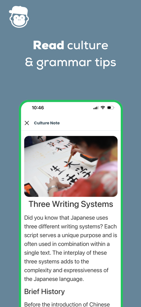 Ling app screen displaying cultural insights and grammar tips for learning Japanese.