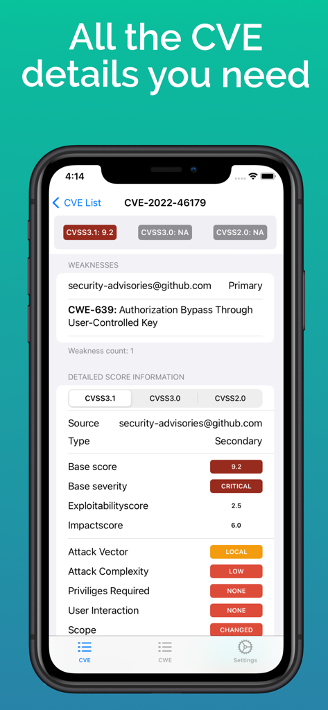 V-Check - V-Checkアプリで詳細なCVE脆弱性情報とCVSSスコアを表示するスマートフォンの画面。