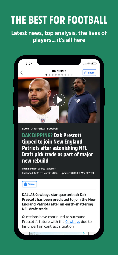 The Sun app showing a breaking news article about NFL player Dak Prescott