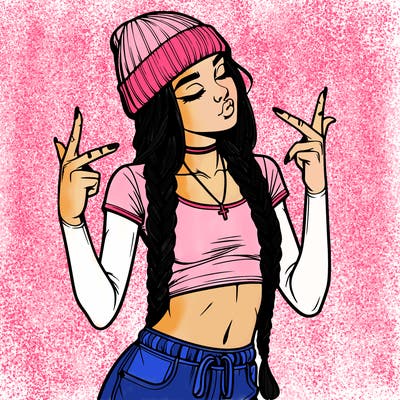 realistic teenage girl with braids and a beanie and crop top doing 🫶🏼