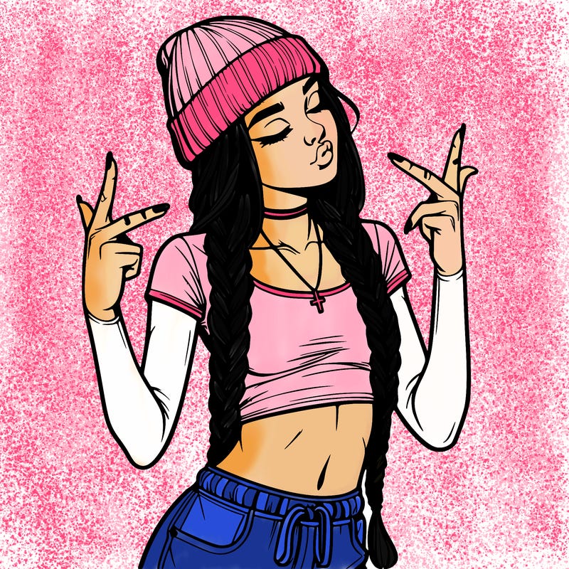 realistic teenage girl with braids and a beanie and crop top doing 🫶🏼