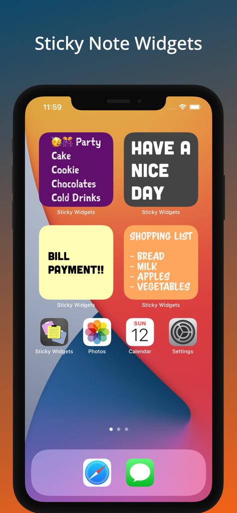 Four colorful sticky note widgets on an iPhone home screen displaying reminders and shopping lists