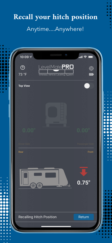 LevelMatePRO - LevelMatePRO app interface showing the hitch position recall screen for a travel trailer