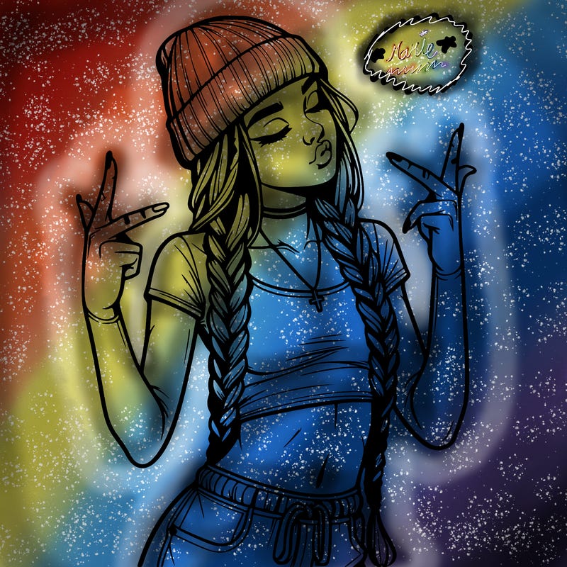 realistic teenage girl with braids and a beanie and crop top doing 🫶🏼