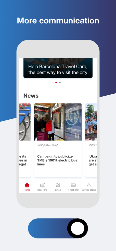 Pantalla de la App TMB que muestra noticias de transporte y el banner de la Tarjeta de Viaje Hola Barcelona