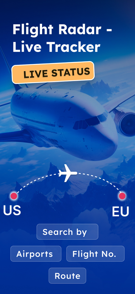 Hauptoberfläche der Flight Radar Live Tracker App mit Suchoptionen für Flughäfen, Flugnummern und Routen mit einem im Hintergrund fliegenden Flugzeug