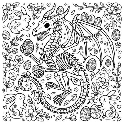Unleash your creativity with this wonderfully whimsical coloring page featuring a festive dragon skeleton celebrating Easter. Adorned with bows and holding beautifully patterned eggs, it's surrounded by cheerful bunnies and blooming spring flowers, offering a delightfully unique holiday art experience.