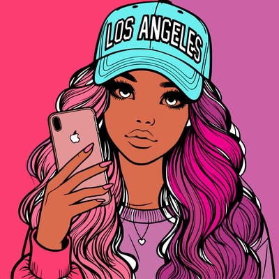 realistic beautiful girl wearing los ángeles cap holding an iphone