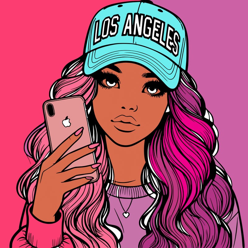 realistic beautiful girl wearing los ángeles cap holding an iphone