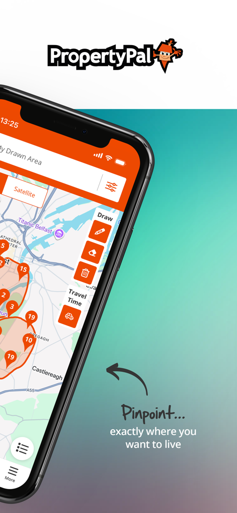 PropertyPal - PropertyPal app screen showing map search with custom drawn area and property pins