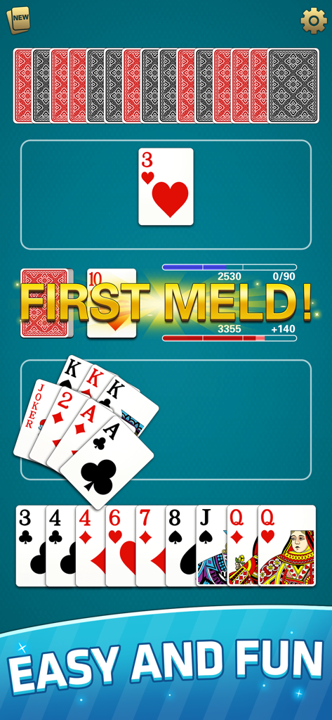 Canasta - Offline Card Game - Una captura de pantalla del juego de Canasta sin conexión que muestra cartas y un mensaje de primera pareja.