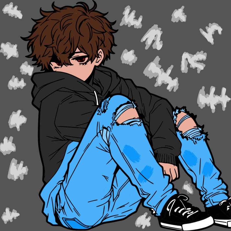 a male hoddie ripped jeans messy hair anime