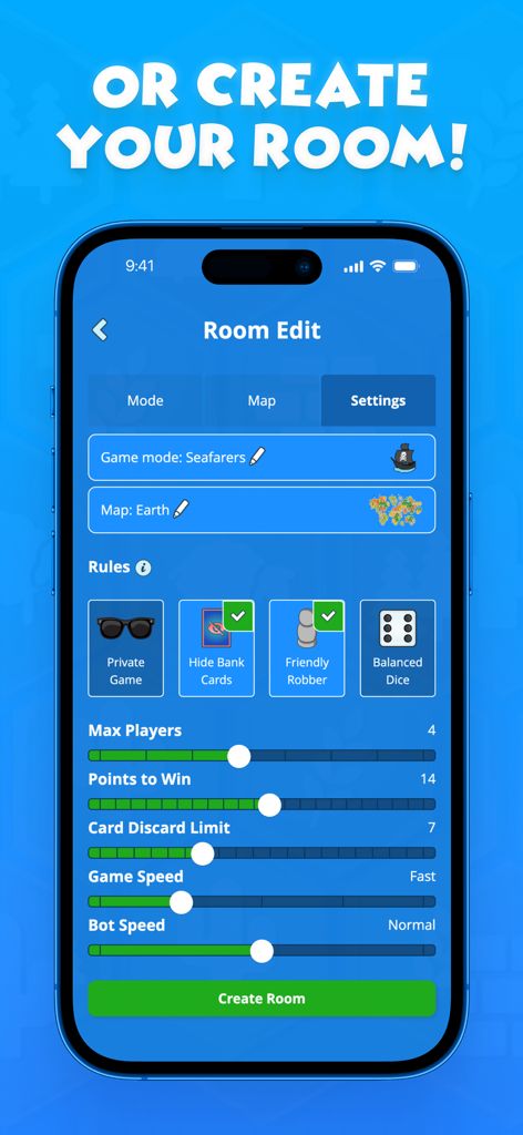 Colonist.io - マップ選択、ルール、ゲームスピードのオプションを備えたColonist.ioでのカスタムゲームルーム作成画面を表示。