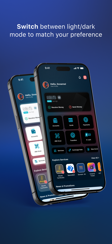 Panel de la aplicación ABA Mobile Bank mostrado en temas claro y oscuro en dos smartphones