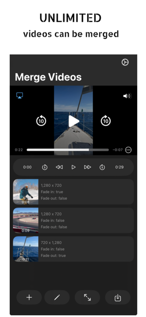 Merge Videos app interface showing a list of several video clips with different resolutions being combined into a single compilation.