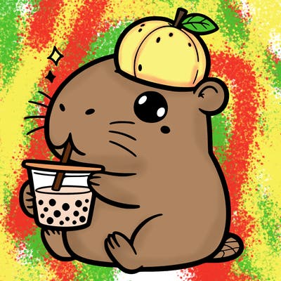 capybara drinking boba with a orange on its head
