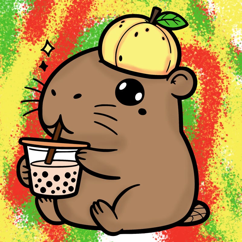 capybara drinking boba with a orange on its head