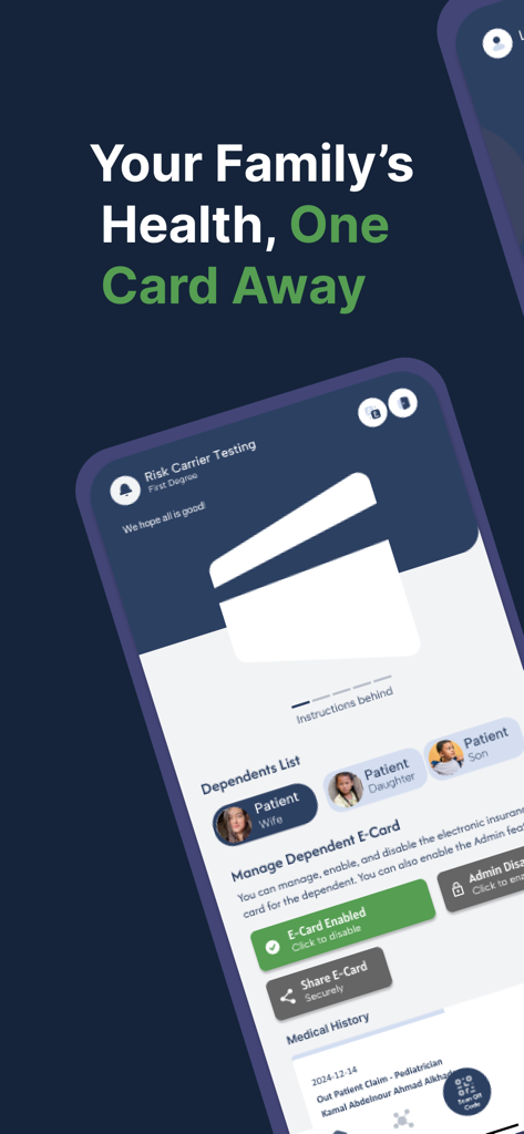 Medexa Jordan mobile app screen showing family dependents and digital health insurance card management.