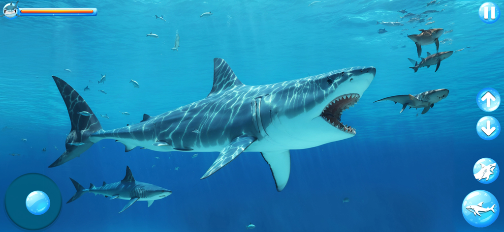 Ocean Shark Simulator - A Great White Shark swimming in the deep blue ocean with game controls on screen in Ocean Shark Simulator.