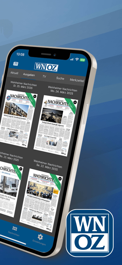 WNOZ - Smartphone-Bildschirm mit der WNOZ-App mit digitalen Zeitungsausgaben der Weinheimer Nachrichten