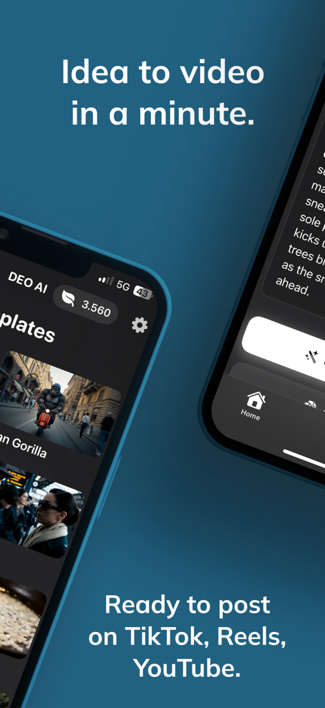 Deo ai: AI Video Maker - Deo ai mobile Benutzeroberfläche, die schnelle Text-zu-Video-Generierung für TikTok Reels und YouTube zeigt.