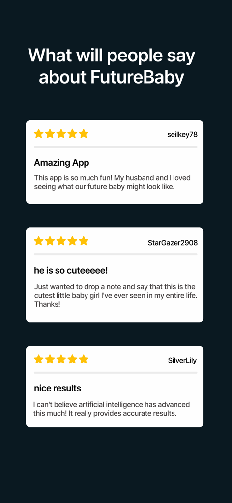 AI Baby Generator: FutureBaby - Three positive 5-star user reviews for AI Baby Generator FutureBaby app.
