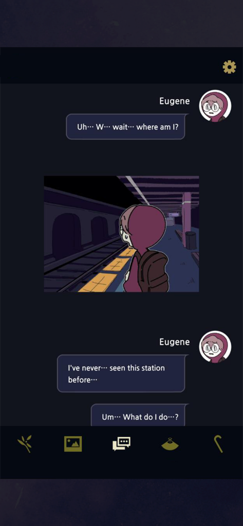 Underworld Office: Ghost Story - A screenshot of the Underworld Office chat-style gameplay showing the character Eugene at a mysterious subway station