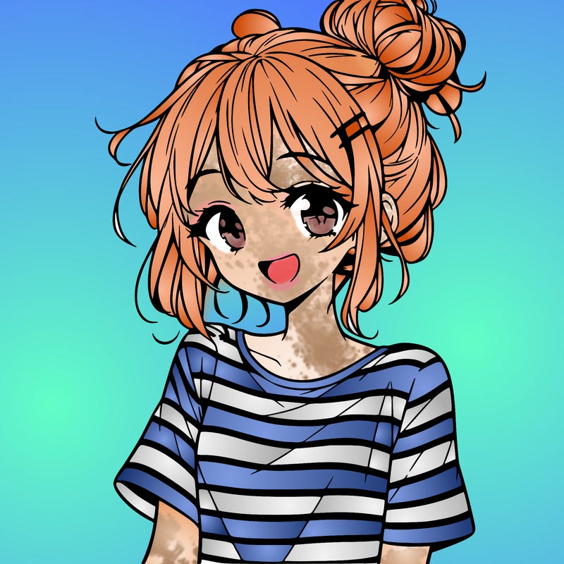 anime girl teenager striped shirt and smile and messy bun