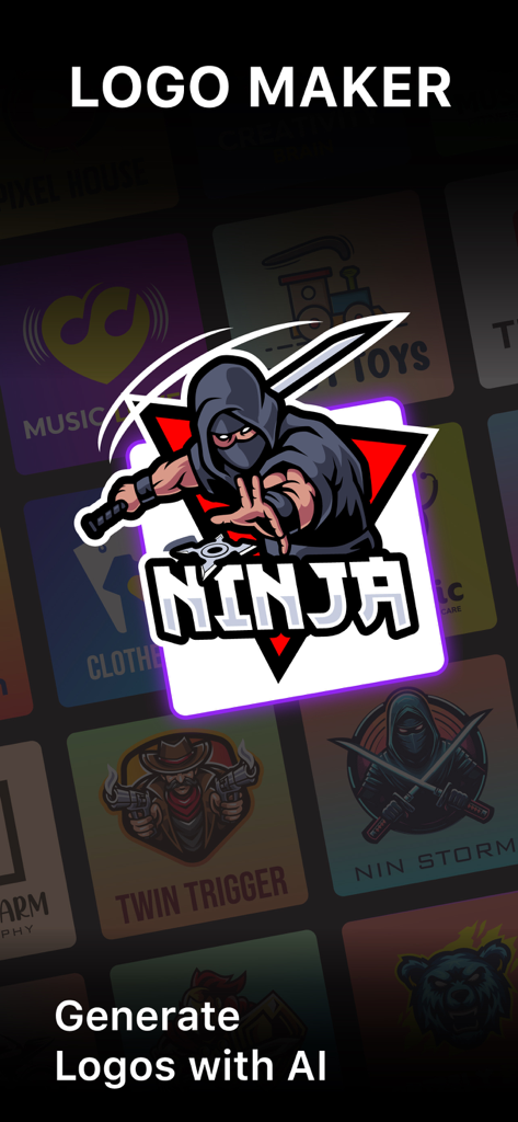 Logo Maker: Poster & Flyers - Captura de pantalla de la app Logo Maker con un logo de personaje ninja y funciones de generación de IA