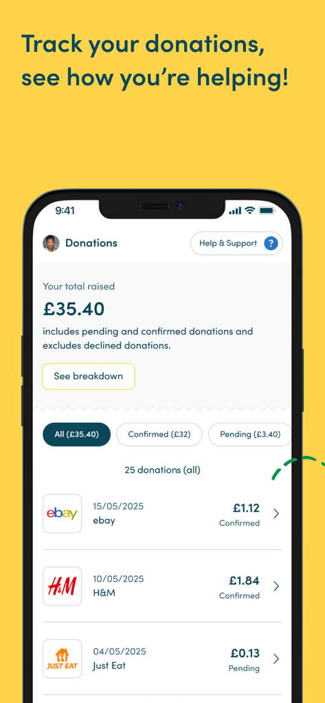 Easyfundraising - Smartphone screen of Easyfundraising app displaying a summary of total donations raised from online shopping at various brands