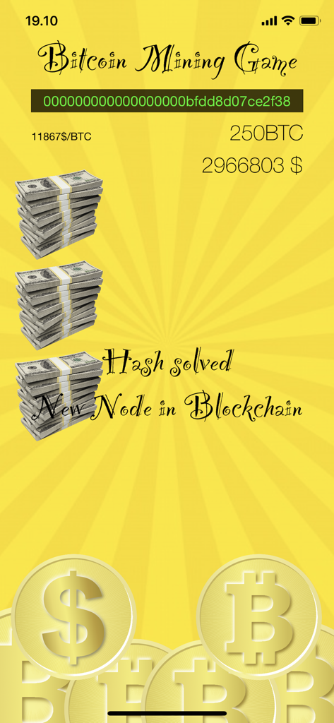 Bitcoin Mining Game - Interface of the Bitcoin Mining Game showing virtual bitcoin and dollar earnings