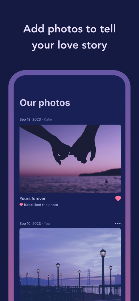 Cozy Couples app interface showing a shared album of romantic photos and memories for partners
