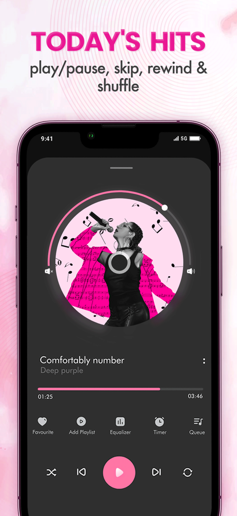 offline music player - songs - Interfaz de aplicación móvil que muestra una pantalla de reproducción de música con controles de reproducción, pausa, aleatorio y omitir en modo oscuro