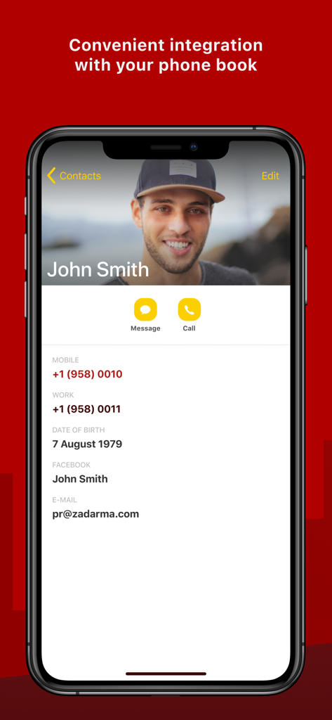 Pantalla de la aplicación Zadarma que muestra detalles de contacto e integración de la agenda para llamadas empresariales