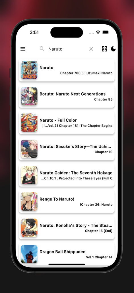 MangaGo - Ultimate Manga App - MangaGo app search interface showing results for Naruto manga series on an iPhone
