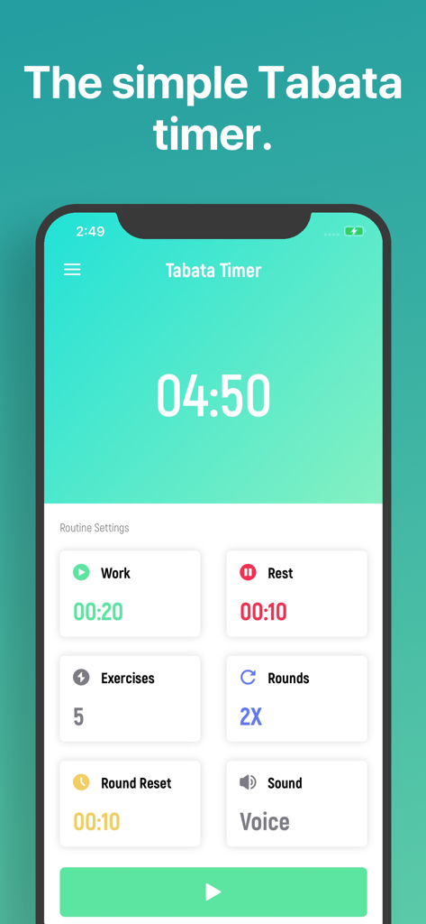 Tabata Timer □ - Interface of the Tabata Timer app showing workout routine settings for intervals and rounds
