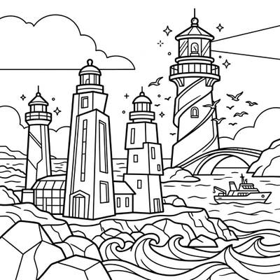 Discover a captivating coloring page featuring magnificent modern lighthouses standing tall against a lively coastal backdrop. This scene is designed especially for kids, offering a delightful mix of towering structures, playful sea creatures, and dynamic ocean waves to color.