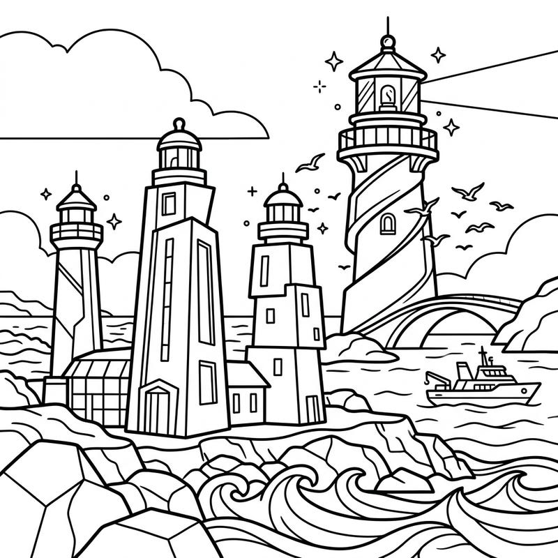 Discover a captivating coloring page featuring magnificent modern lighthouses standing tall against a lively coastal backdrop. This scene is designed especially for kids, offering a delightful mix of towering structures, playful sea creatures, and dynamic ocean waves to color.