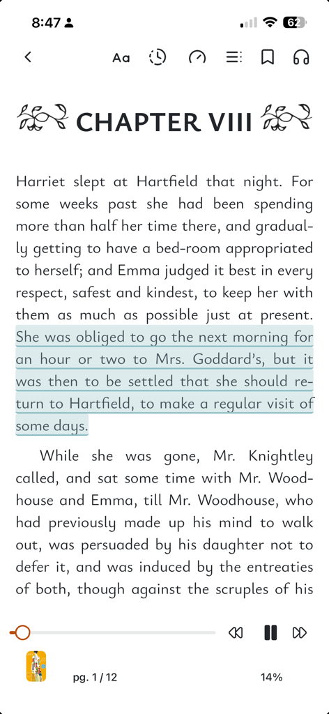 Storyteller Reader - Reading interface of the Storyteller Reader app showing text from Jane Austen’s Emma with synchronized blue highlighting and playback controls
