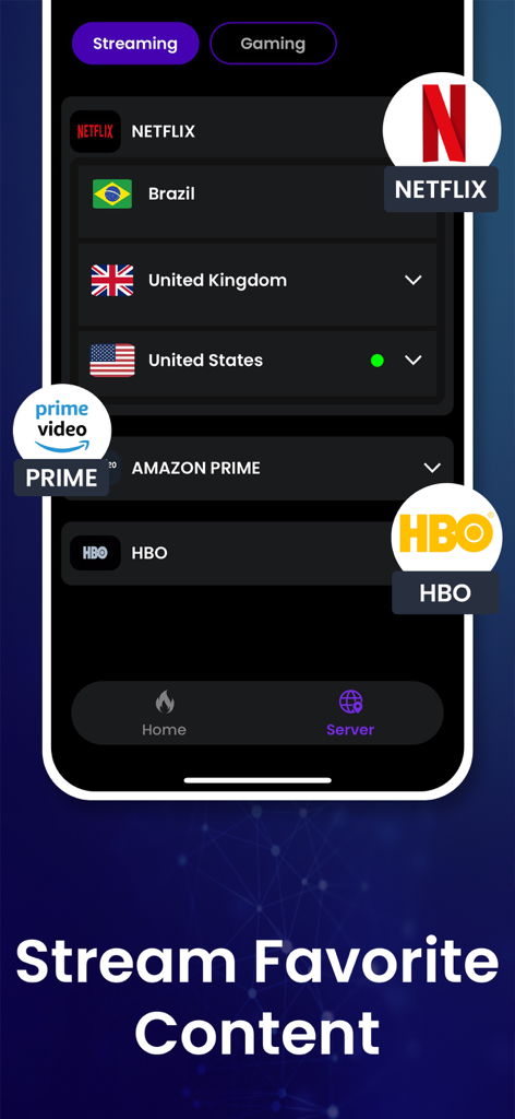Fire VPN: Fast, Safe, Private - Interface of Fire VPN app showing server locations for Netflix, Amazon Prime, and HBO to stream favorite content.