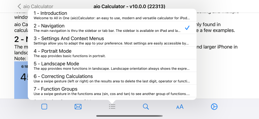 Quick Guide menu in the All in One Calculator app showing onboarding topics like Introduction and Navigation