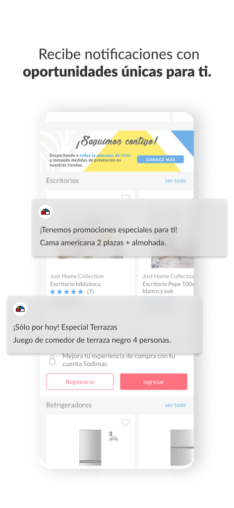 Sodimac: Casa y Construcción - Interface do aplicativo Sodimac mostrando notificações push para promoções personalizadas e ofertas especiais de melhoria da casa.