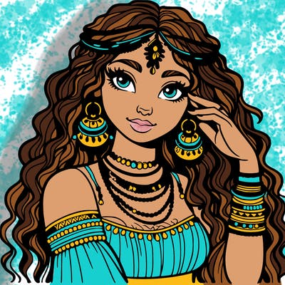 a realistic gypsy woman with long curly hair and jewelry on her
