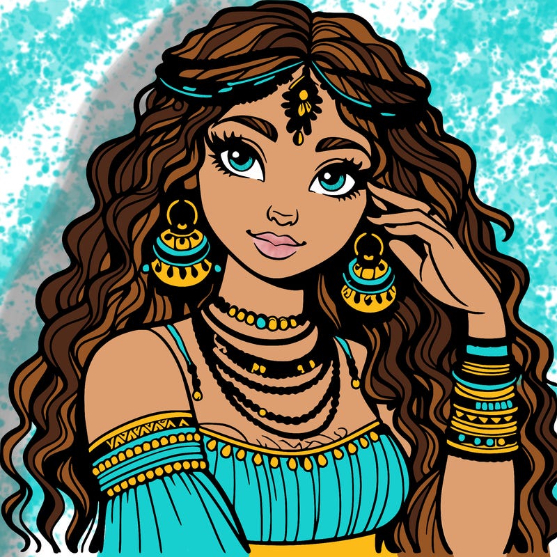 a realistic gypsy woman with long curly hair and jewelry on her