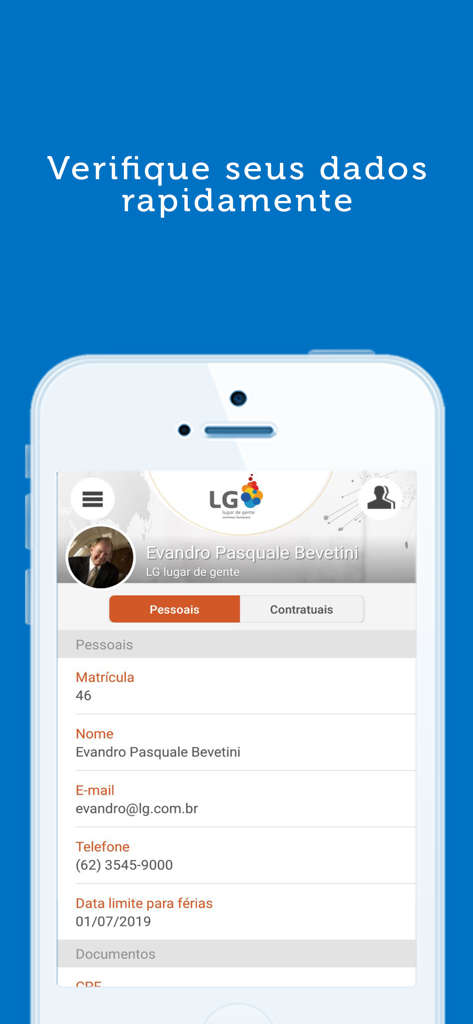 Tela de perfil do usuário no aplicativo Gen.te Mobile exibindo informações pessoais e detalhes de contato do funcionário